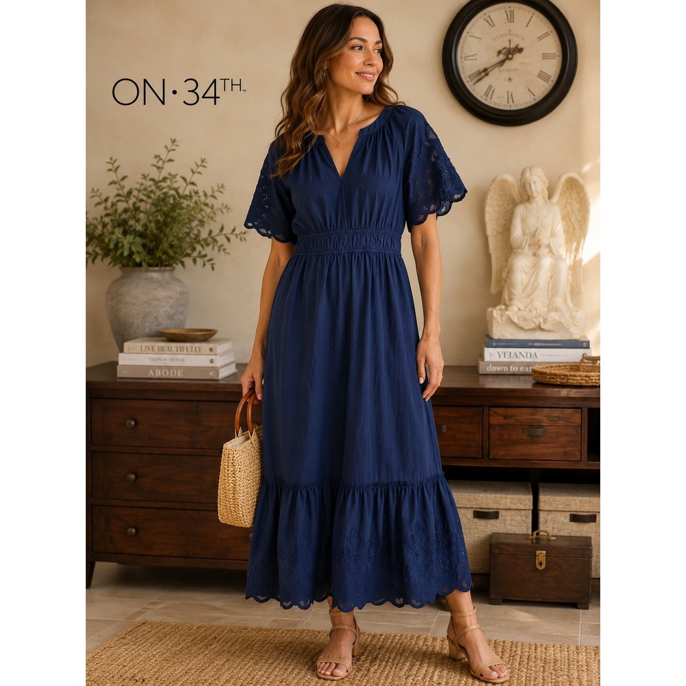 On 34th Womens Navy Blue Cotton Eyelet Flutter Sleeve Smocked Maxi Dress Small